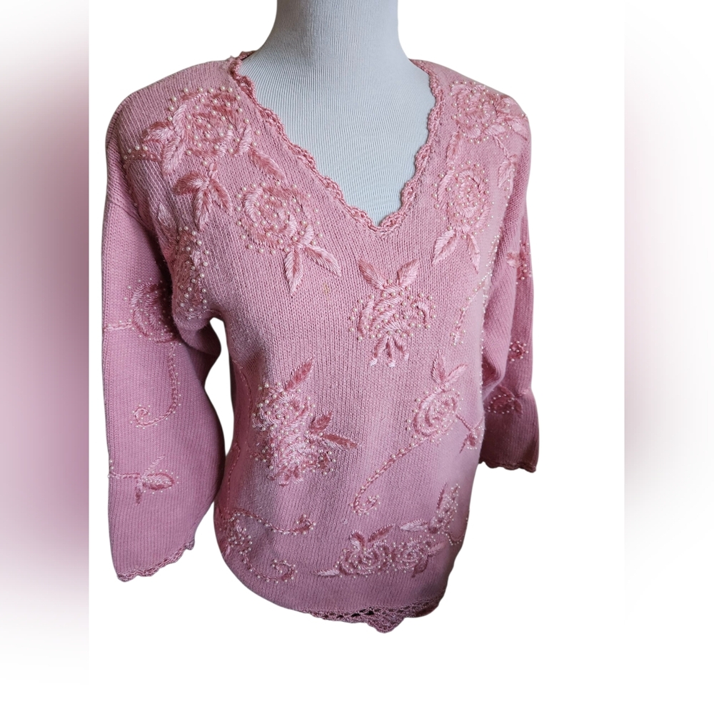 Vintage 80s Elegant Pink Floral Embroidered  Women's Sweater Size S